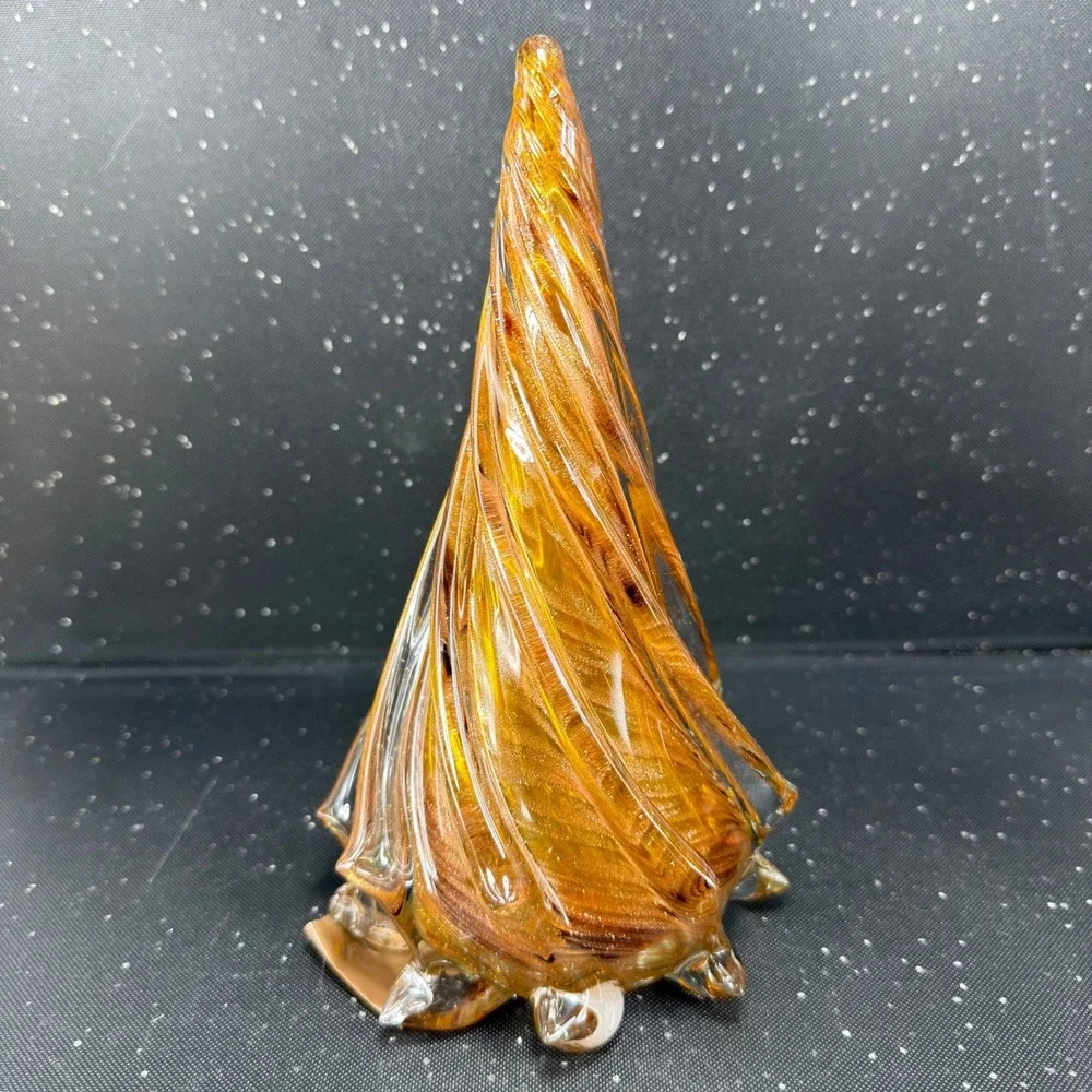 Pier 1 Art Glass Christmas Tree Figurine Amber Copper Glitter 8inch Paperweight